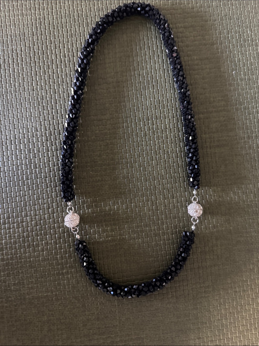 Black Crystal Bead Necklace with Silver Accents